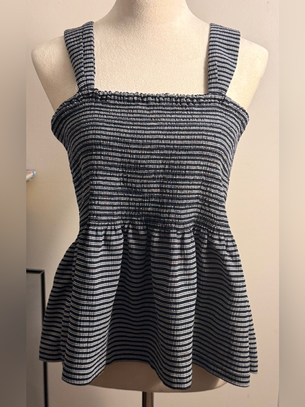 Madewell Black & White Textured Stripe Tank - Smocked Detail